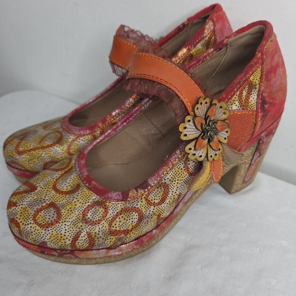 L'Artiste Spring Step Valeriana Mary Jane Heels 38 US 7.5 Floral Cork Boho Art